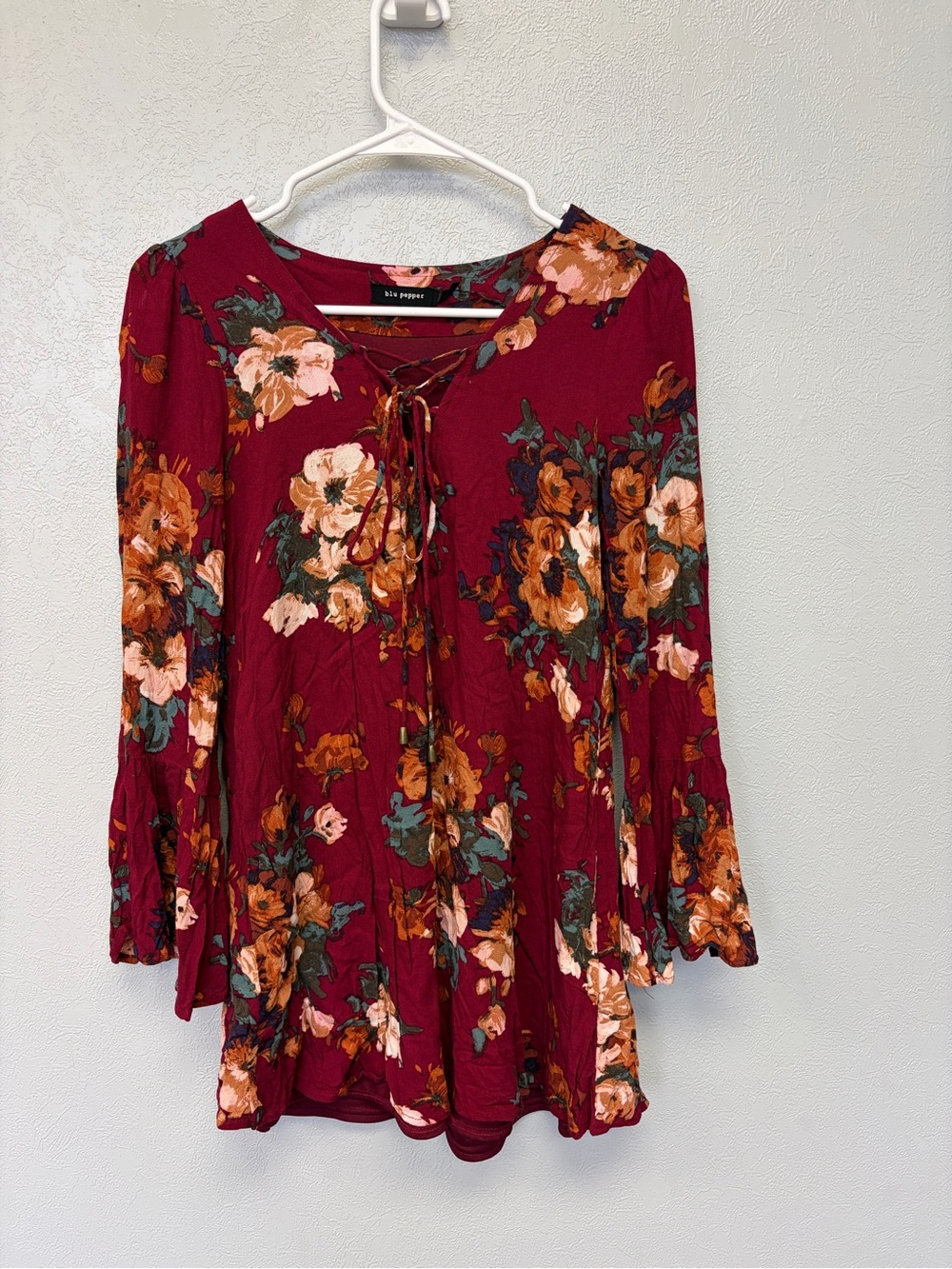 Blu Pepper Burgundy Floral Lace-Up Tunic Top
